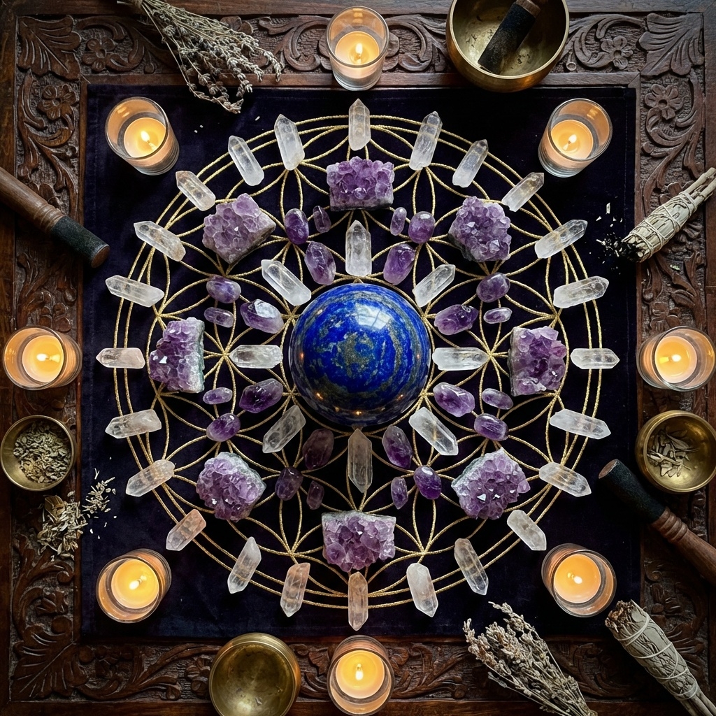 Kristall-Grid mit Lapislazuli, Amethyst und Bergkristall